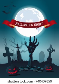 Halloween night scary poster with bats flying over foggy graveyard. Vector illustration with zombie surrounded by glowing pumpkins