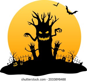 Halloween-Nacht mit beängstigendem Baum. Element für Banner, Grußkarte, Halloween-Feier, Halbwettkampfposter. Vektorgrafik.