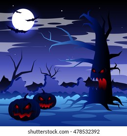 Halloween night with scary tree on the moon background, vector illustration.