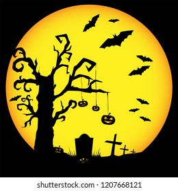 Halloween night, scary tree with pumpkins, bats and graves on the moon background. Vector illustration