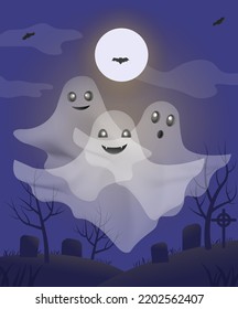 Halloween night scene. Halloween background with ghosts, cemetary, bats and moon. Vector illustration.