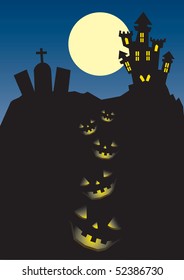 Halloween night scene with castle, gravestone and pumpkins
