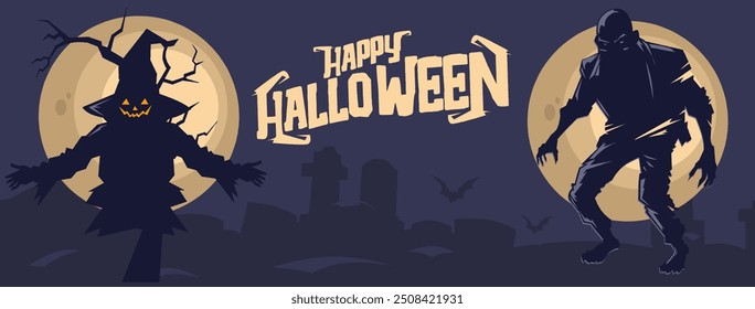 Halloween Night Scene Creepy Scarecrow and Zombie in a Graveyard