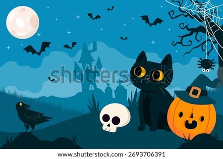 Halloween night scene with cute black cat pumpkin jack o lantern skull bat moon haunted house spider web and crow in a blue graveyard perfect for kids party banners Style flat vector illustration