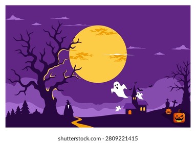 A Halloween night scene in deep purple tones with ample space for text.
The image features rolling hills with eerie, dead trees and a large full moon, a floating white ghost, flying bats, an ancient cross-shaped tombstone, cloud silhouettes, a misty sky design, the silhouette of a witch standing on the left, and a jack-o'-lantern on the right. This image is perfect for greeting cards, party invitations, and seasonal banners.