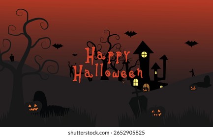 Halloween Night Scene com Flying Bats, casa assombrada e zumbi.