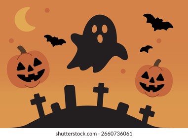 Escena de la noche de Halloween con fantasma y calabazas