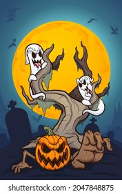 Halloween night scene with ghosts and pumpkin. Vector clip art illustration with simple gradients. Some elements on separate layers.
