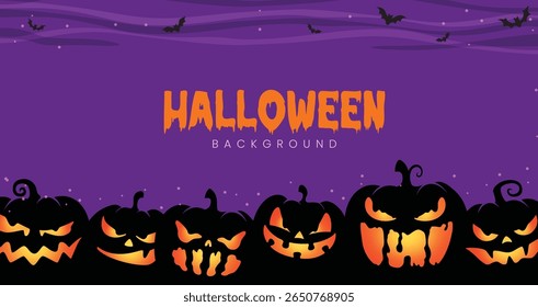 Cena da noite de Halloween com abóboras brilhantes, céu roxo, morcegos voadores e atmosfera assustadora. Ótimo para banners, folhetos de festa e promoções sazonais.