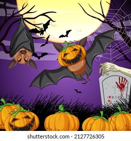 Halloween night scene with group of bats in cartoon style illustration