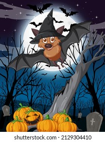 Halloween night scene with group of bats  illustration