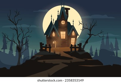 Halloween night scene with haunted house