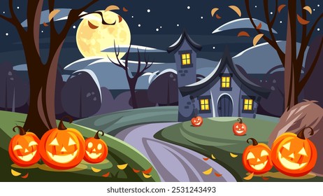 Cena noturna de Halloween com uma casa assombrada, árvores e jack-o-lanternas (abóboras de Halloween). Paisagem de outono. Projeto do cartão de saudação. Ilustração vetorial. Ilustração desenhada à mão, não IA