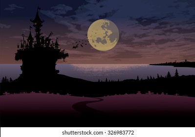 Halloween Night Scene Landscape.Spooky Castle On The Lake Shore Under The Full Moon. Halloween Card Vector Illustration