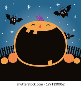 Halloween night scene with laughing pumpkin and cute bats. For poster, flyer, invitation, greeting card, web banner, social media post, etc.