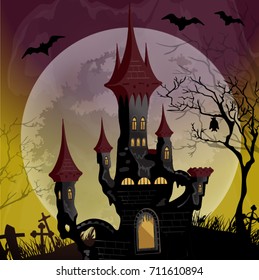 Halloween night scene with spooky ghost castle