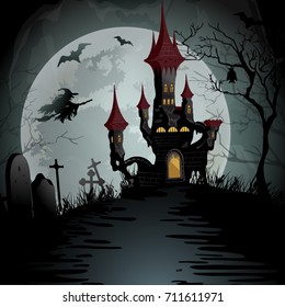 Halloween night scene with spooky ghost castle