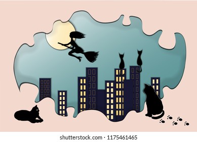 Halloween night scene - witch flying on broom in moonlight over the city with many buildings, urban landscape made in paper cut style. Vector illustration
