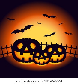 Halloween night scenery background decorative with pumpkin and bats. Design element for Halloween party poster, greeting card, brochure, wallpaper, backdrop, vector illustration