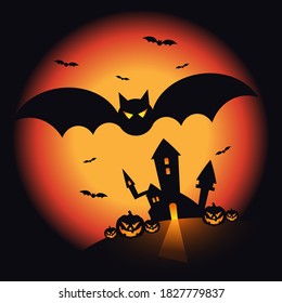 Halloween night scenery background decorative with pumpkin, castle, and bats. Design element for Halloween party poster, greeting card, brochure, wallpaper, backdrop, vector illustration