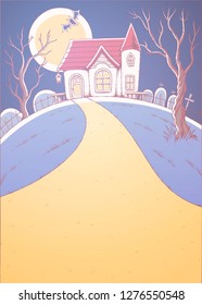 Halloween night scenery with house near by the cemetery