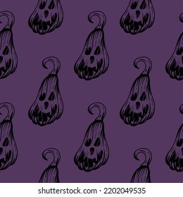 Halloween-Nachtmuster violetter Hintergrund mit Kürbisköpfen. Herbstdesign für den Urlaub. Schreckliche Urlaubskizze, Horror, Vektorgrafik