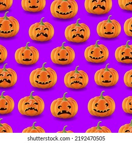 Halloween night seamless vector pattern. Pumpkins on violet background
