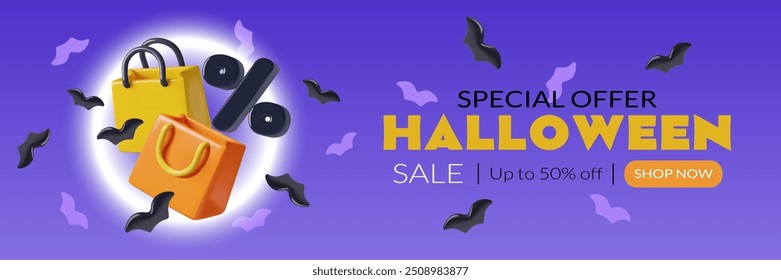 Halloween night shopping web banner 3d design with gift bags, glowing full moon and flying bats.