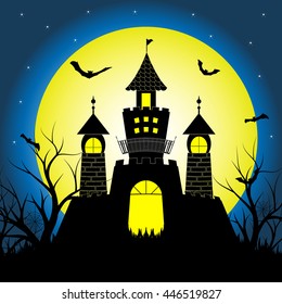 Halloween night with silhouette castle and bats on full moon vector illustration background
