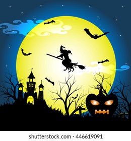 Halloween night with silhouette dry tree, old witch, castle, pumpkin and bats vector illustration background