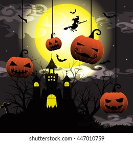 Halloween night with silhouette dry tree, old witch, castle, pumpkin and bats vector illustration background