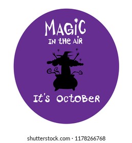 Halloween night with silhouette witch and magic light in the dark.witch spelling the magic,vector illustration.