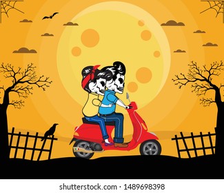 Halloween night. Skull boy with girl riding modern scooter, full moon