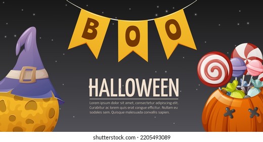 Halloween night sky background. Moon in the sorcery hat and pumpkin with sweet treats. Garland from flags with text boo. Cartoon vector illustration.