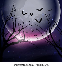 Halloween night sky background with tree silhouettes against the moon