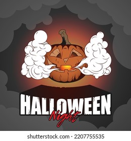 Halloween Night Smiling Smoke Pumpkin vector poster in retro vintage style