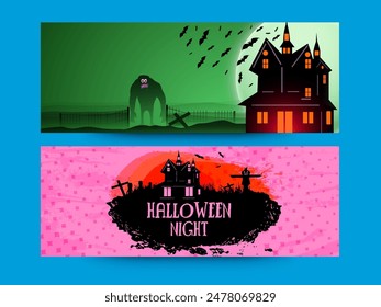 Halloween Night Social Media Banner or Header with Haunted House in Two Color Options.