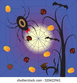 Halloween night with spider devil and cobweb