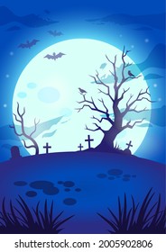 Halloween night spooky background with big glowing moon, flying bats, scary tree, graves and crosses. Vector cartoon ilustration for halloween festive decorations