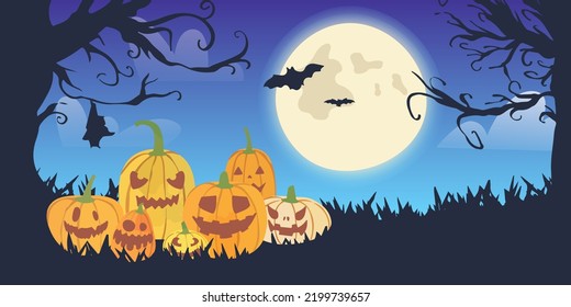Halloween night spooky background with pumpkins