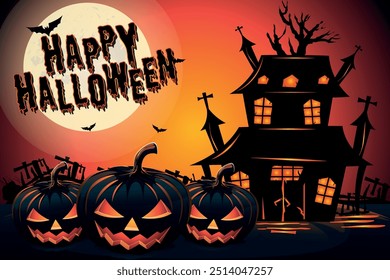 Halloween night spooky background with pumpkins and flying bats. Art covers horror night. October 31 holiday evening promotional artwork. Vector Illustration