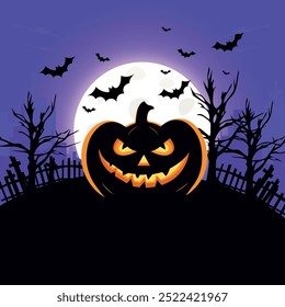 Halloween night spooky background with pumpkins and flying bats. Art cover horror night. promotional artwork. Typography print template. Halloween vector