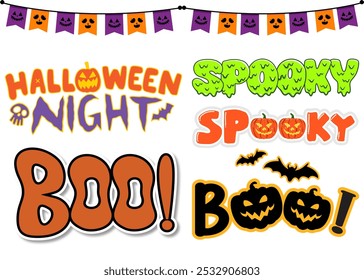 Halloween Night, Spooky, Boo Text Design Sets, Festive and Eerie Greetings, Fun Typography Styles, Perfect for Cards, Decorations, and Halloween Celebrations, Create a Spooktacular Atmosphere.