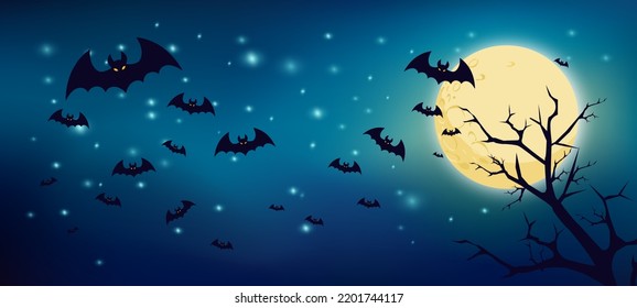 Halloween Night - Spooky Moon in a starry sky with bats and full moon. Vector illustration.