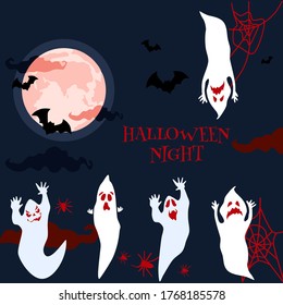 Halloween night spooky party invitation or greeting card.Ghosts,spirits with scary masked faces,horrible facial expressions fly.Bloody clouds,full moon, silhouettes of bats,spiders,web.Day of The Dead