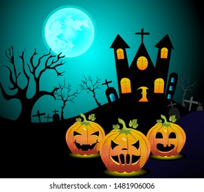 Halloween Night. Spooky pumpkin with moon and dark