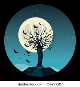 Halloween night, starry sky with full moon over old tree and bats vector illustration