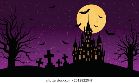 Noche de Halloween cielo estrellado en tonos púrpuras siluetas de árboles y Fondo de pantalla de escritorio del castillo