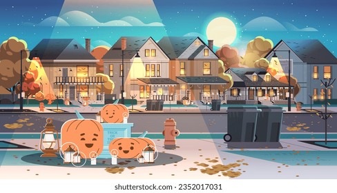 Halloween night street with decorated houses. Buildings with Halloween festive attributes. Vector illustration