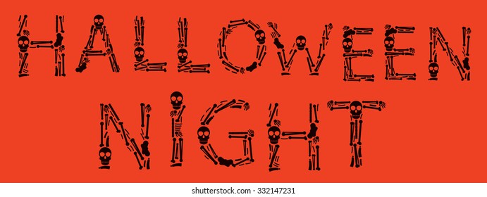 Halloween Night Text Banner. Vector skeleton, skull and bones alphabet